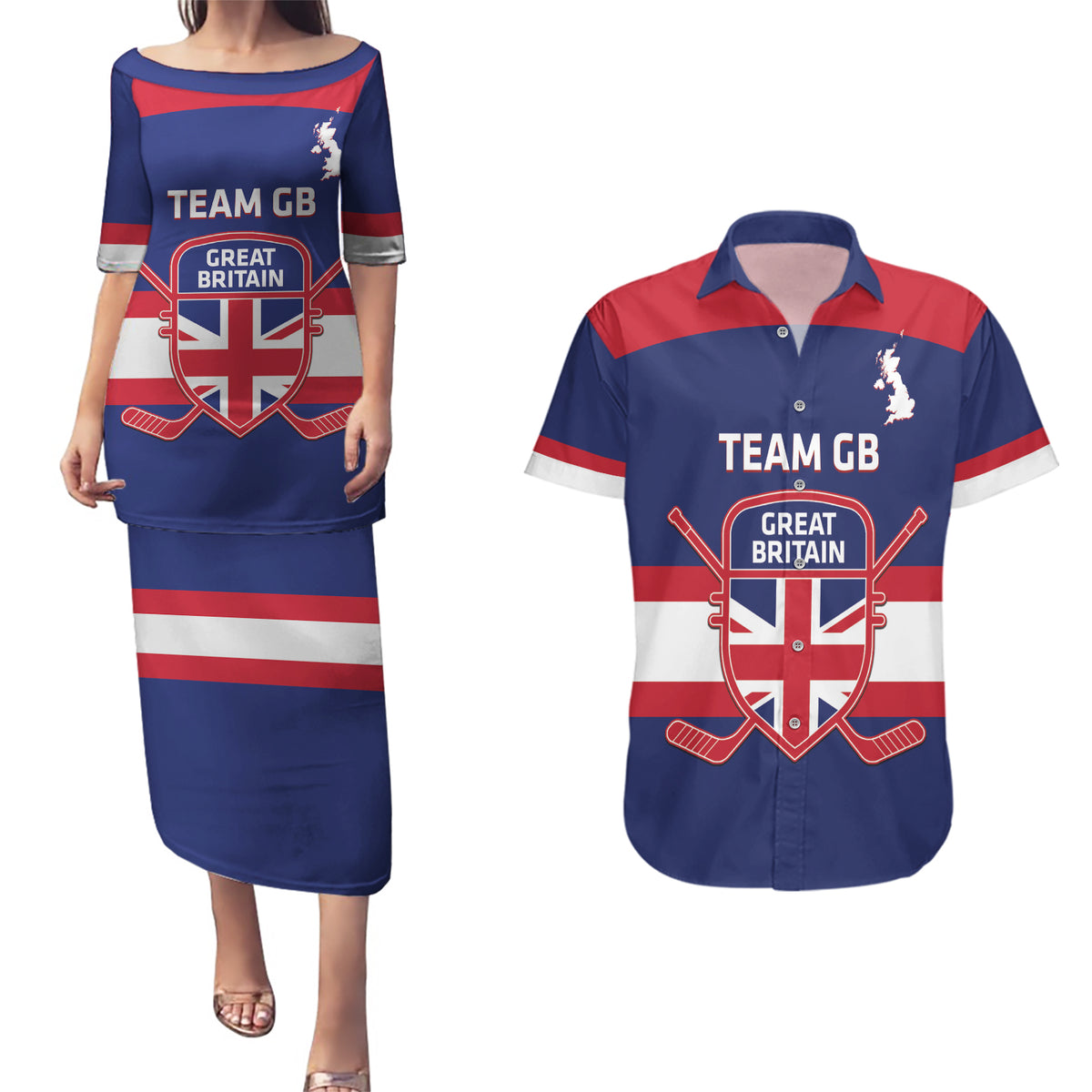Custom Great Britain Hockey Couples Matching Puletasi and Hawaiian Shirt Go GB Team - Wonder Print Shop