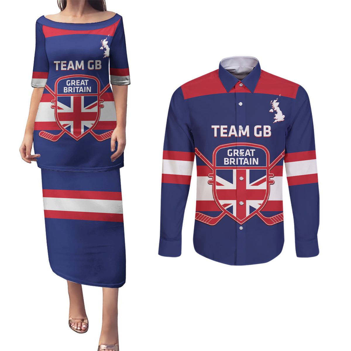 Custom Great Britain Hockey Couples Matching Puletasi and Long Sleeve Button Shirt Go GB Team - Wonder Print Shop