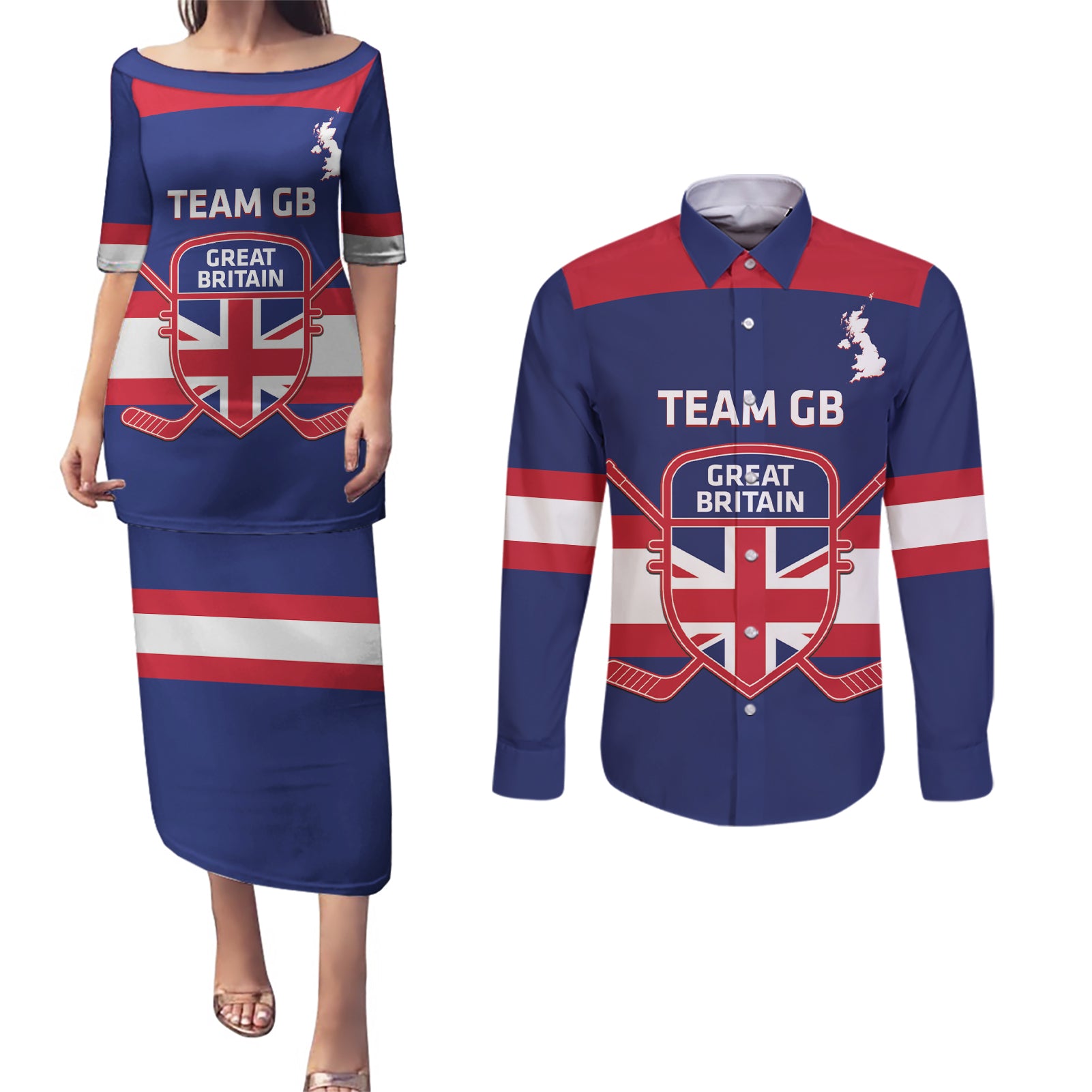 Custom Great Britain Hockey Couples Matching Puletasi and Long Sleeve Button Shirt Go GB Team - Wonder Print Shop