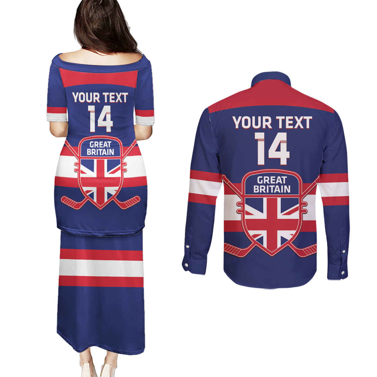 Custom Great Britain Hockey Couples Matching Puletasi and Long Sleeve Button Shirt Go GB Team - Wonder Print Shop