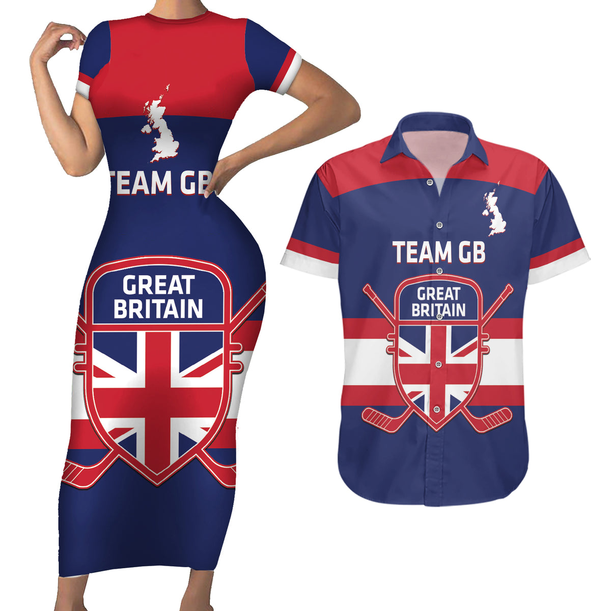 Custom Great Britain Hockey Couples Matching Short Sleeve Bodycon Dress and Hawaiian Shirt Go GB Team - Wonder Print Shop