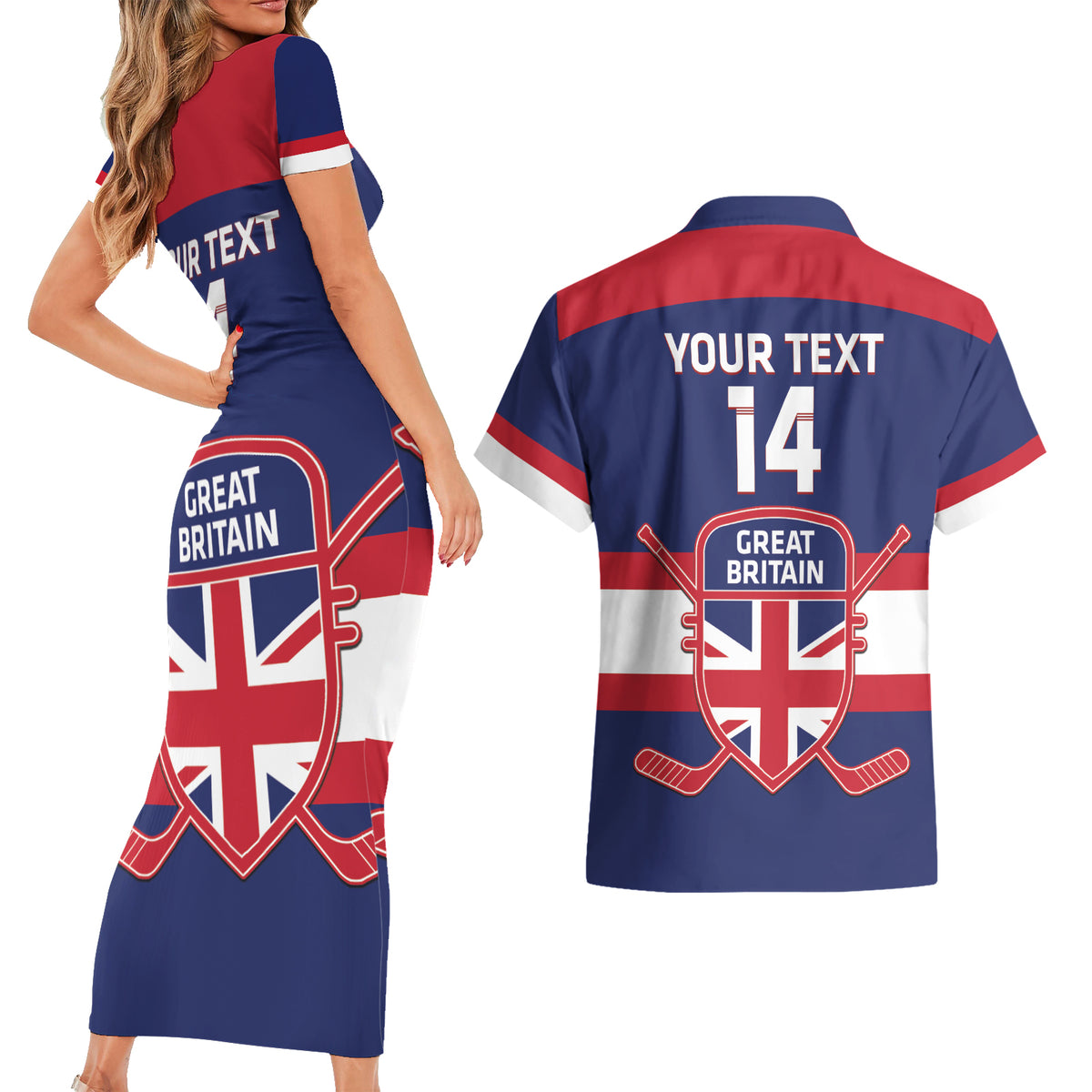 Custom Great Britain Hockey Couples Matching Short Sleeve Bodycon Dress and Hawaiian Shirt Go GB Team - Wonder Print Shop