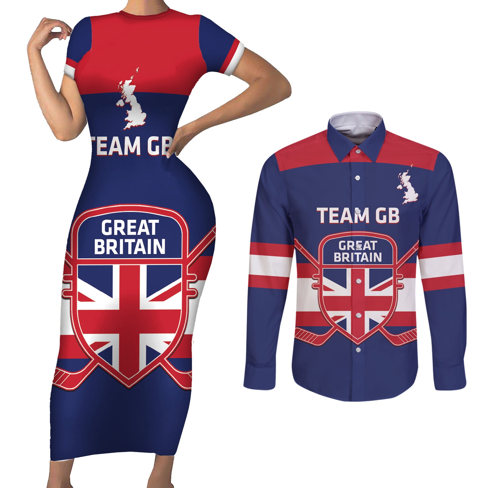 Custom Great Britain Hockey Couples Matching Short Sleeve Bodycon Dress and Long Sleeve Button Shirt Go GB Team - Wonder Print Shop