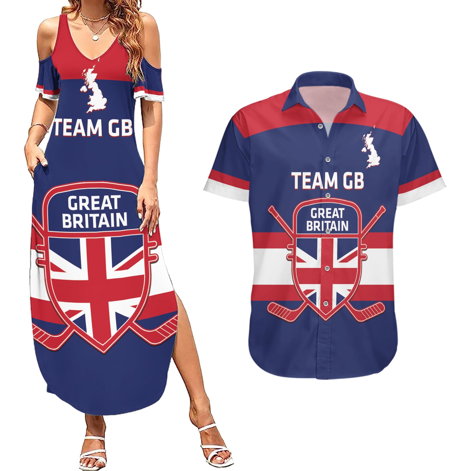 Custom Great Britain Hockey Couples Matching Summer Maxi Dress and Hawaiian Shirt Go GB Team - Wonder Print Shop