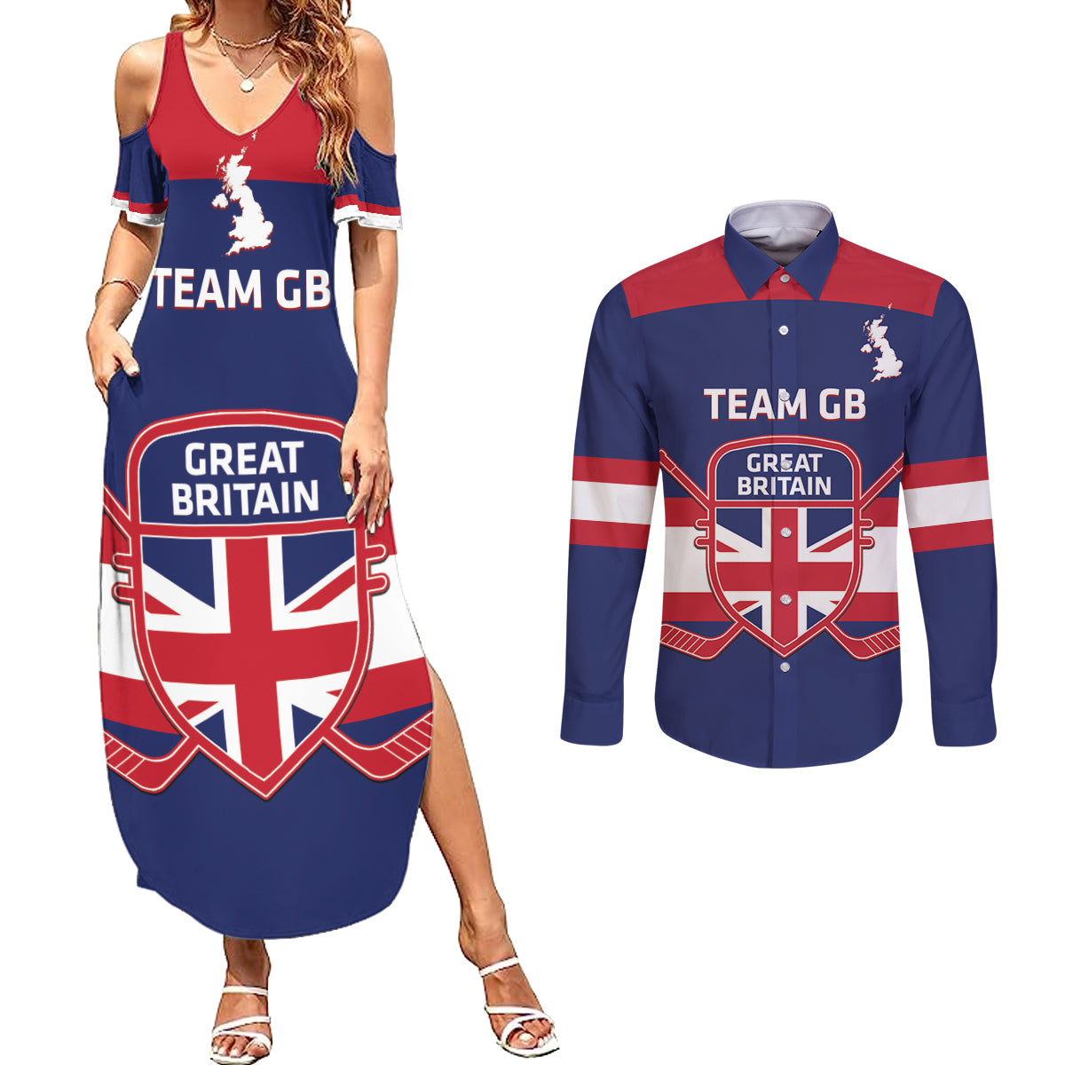 Custom Great Britain Hockey Couples Matching Summer Maxi Dress and Long Sleeve Button Shirt Go GB Team - Wonder Print Shop