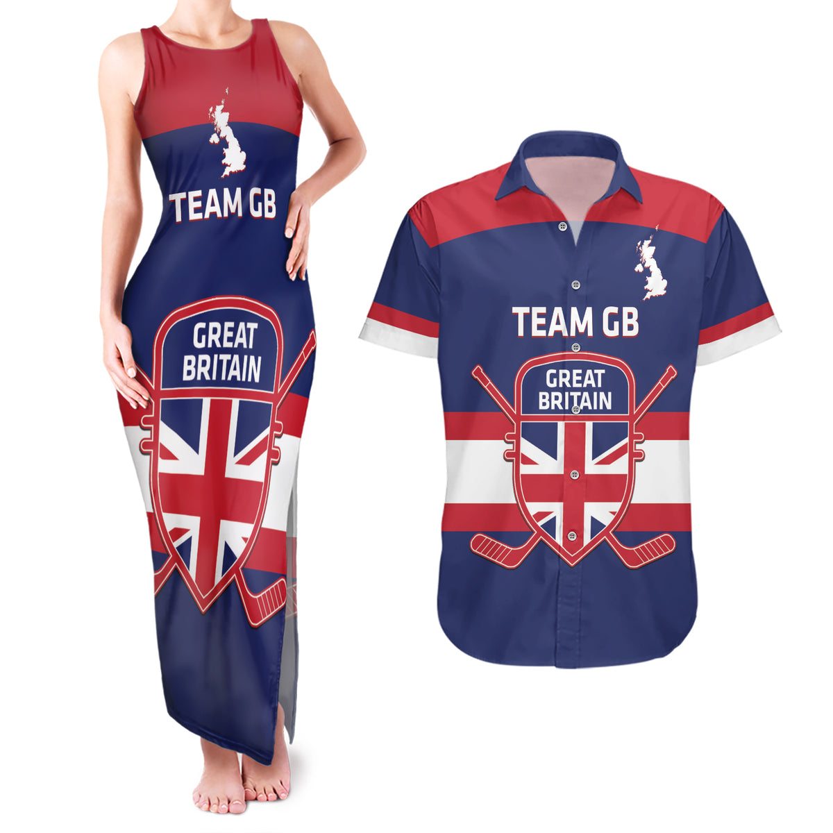 Custom Great Britain Hockey Couples Matching Tank Maxi Dress and Hawaiian Shirt Go GB Team - Wonder Print Shop