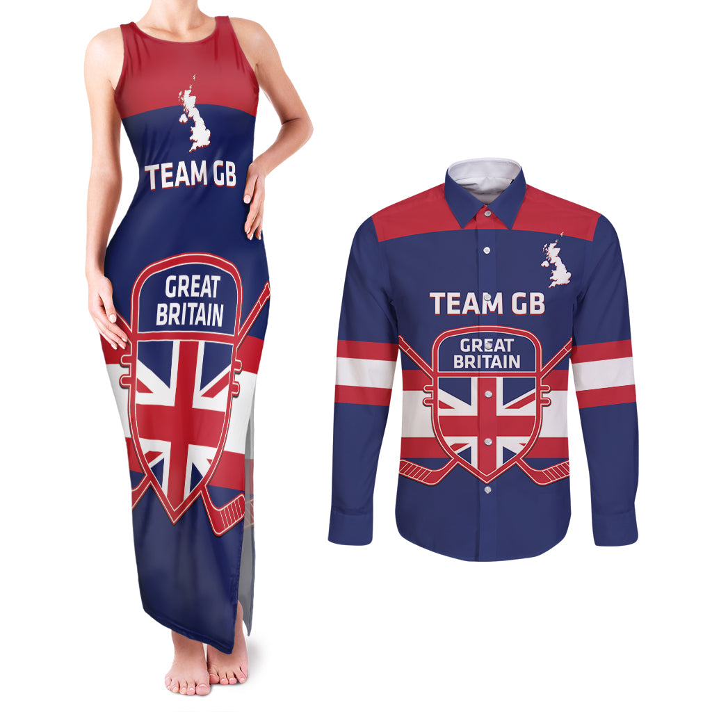 Custom Great Britain Hockey Couples Matching Tank Maxi Dress and Long Sleeve Button Shirt Go GB Team - Wonder Print Shop
