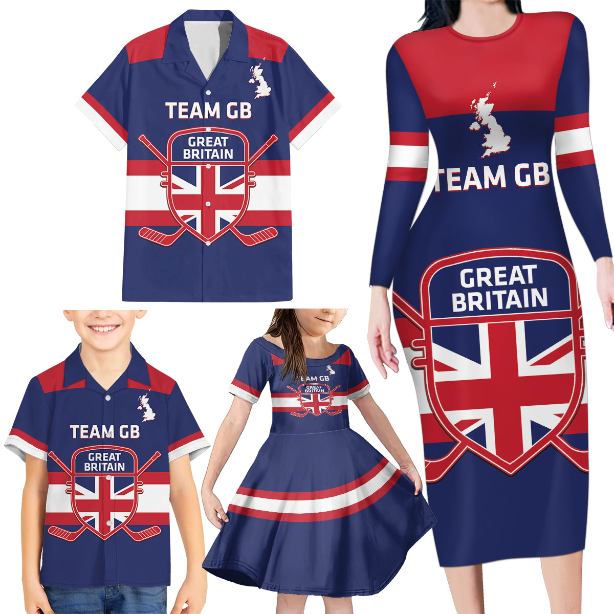 Custom Great Britain Hockey Family Matching Long Sleeve Bodycon Dress and Hawaiian Shirt Go GB Team - Wonder Print Shop
