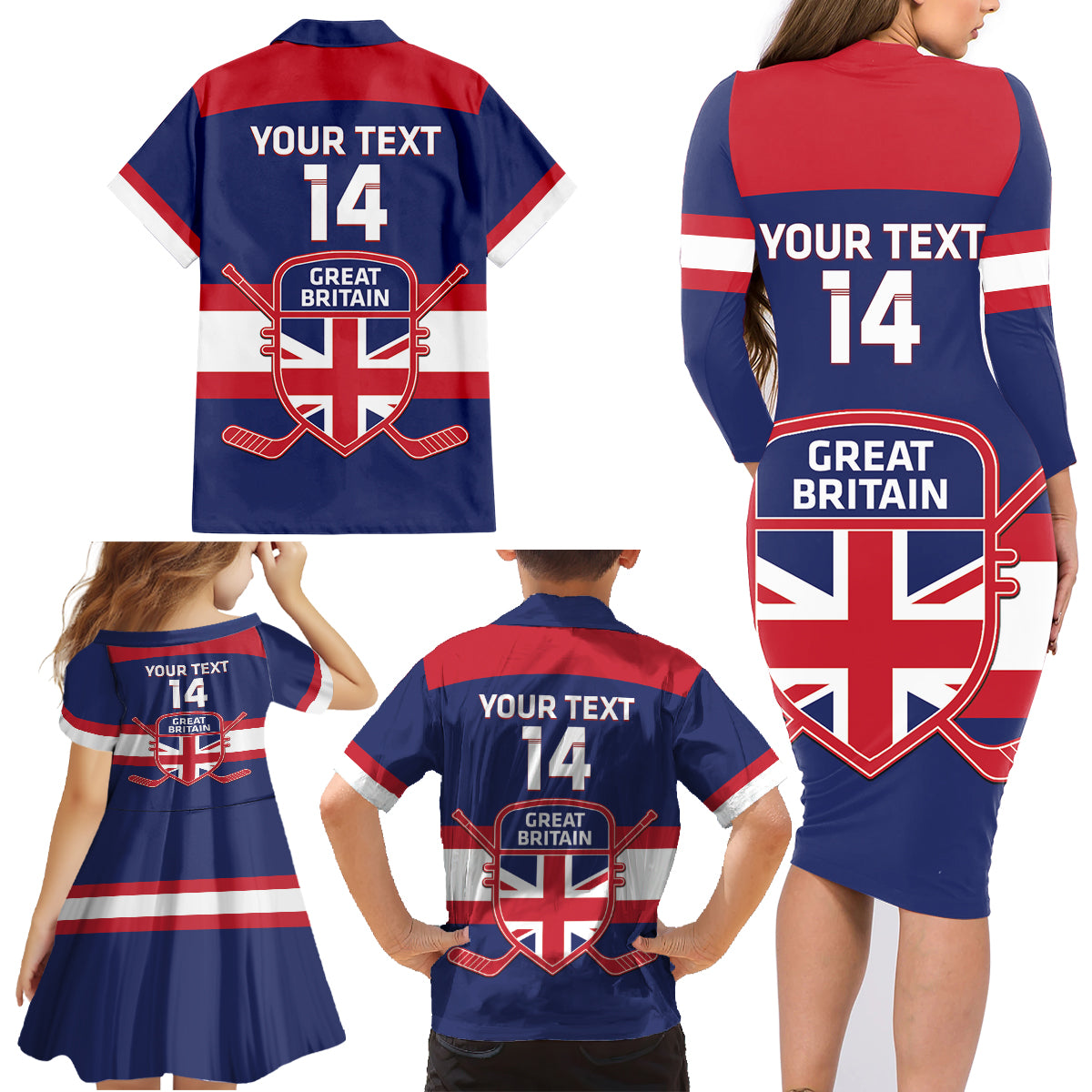 Custom Great Britain Hockey Family Matching Long Sleeve Bodycon Dress and Hawaiian Shirt Go GB Team - Wonder Print Shop