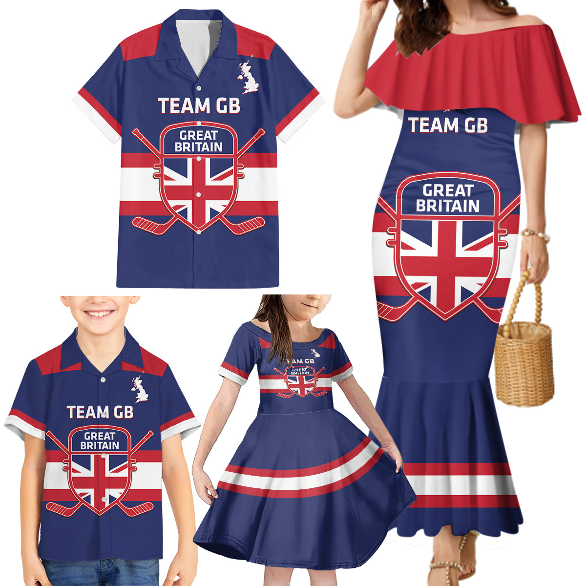 Custom Great Britain Hockey Family Matching Mermaid Dress and Hawaiian Shirt Go GB Team - Wonder Print Shop