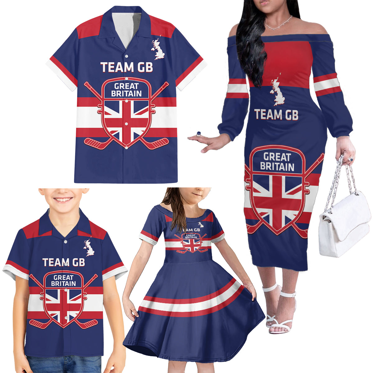 Custom Great Britain Hockey Family Matching Off The Shoulder Long Sleeve Dress and Hawaiian Shirt Go GB Team - Wonder Print Shop