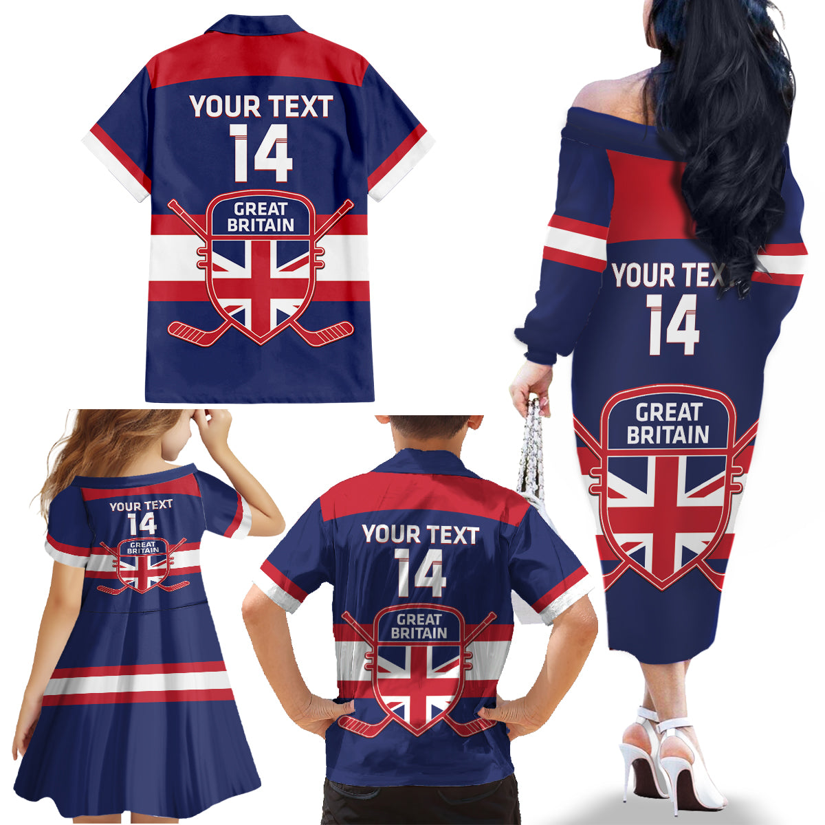 Custom Great Britain Hockey Family Matching Off The Shoulder Long Sleeve Dress and Hawaiian Shirt Go GB Team - Wonder Print Shop