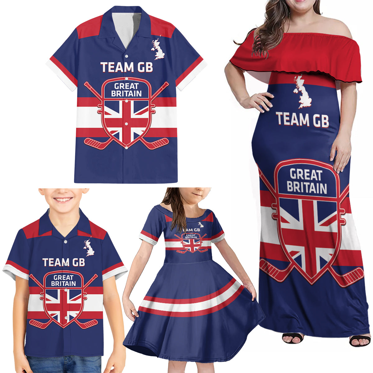 Custom Great Britain Hockey Family Matching Off Shoulder Maxi Dress and Hawaiian Shirt Go GB Team - Wonder Print Shop