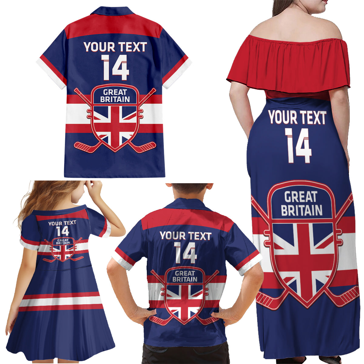 Custom Great Britain Hockey Family Matching Off Shoulder Maxi Dress and Hawaiian Shirt Go GB Team - Wonder Print Shop