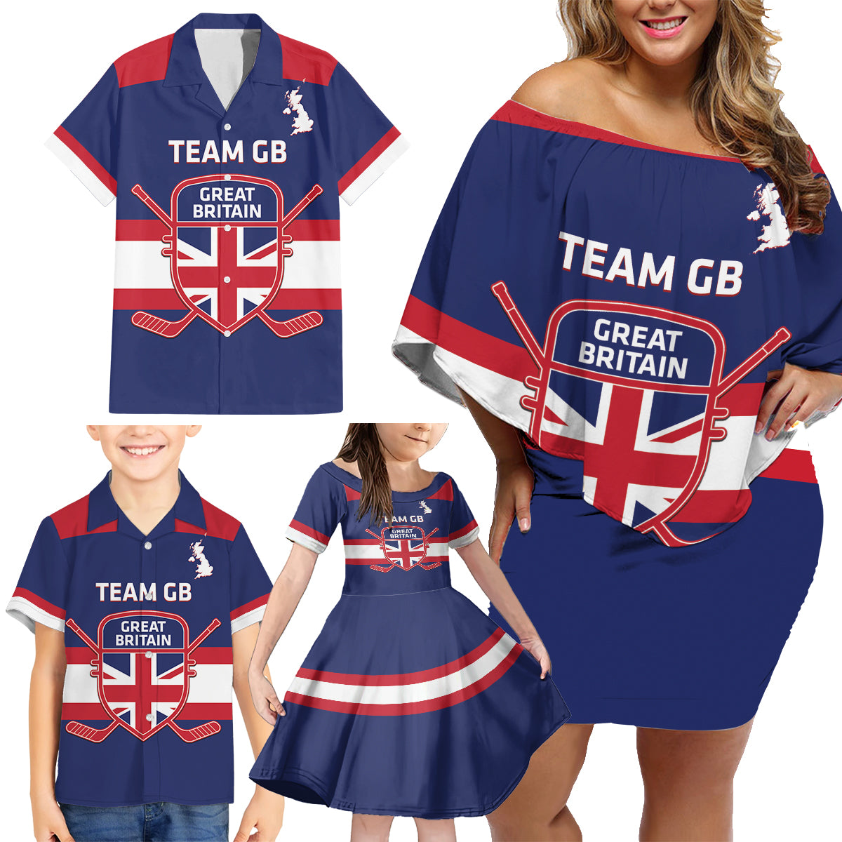 Custom Great Britain Hockey Family Matching Off Shoulder Short Dress and Hawaiian Shirt Go GB Team - Wonder Print Shop