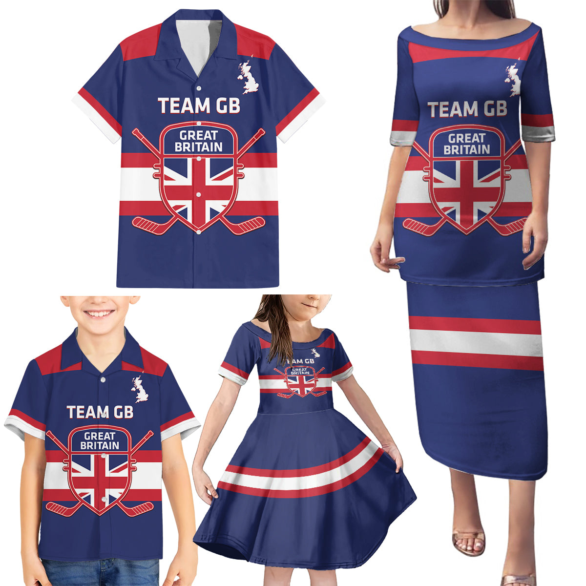 Custom Great Britain Hockey Family Matching Puletasi and Hawaiian Shirt Go GB Team - Wonder Print Shop