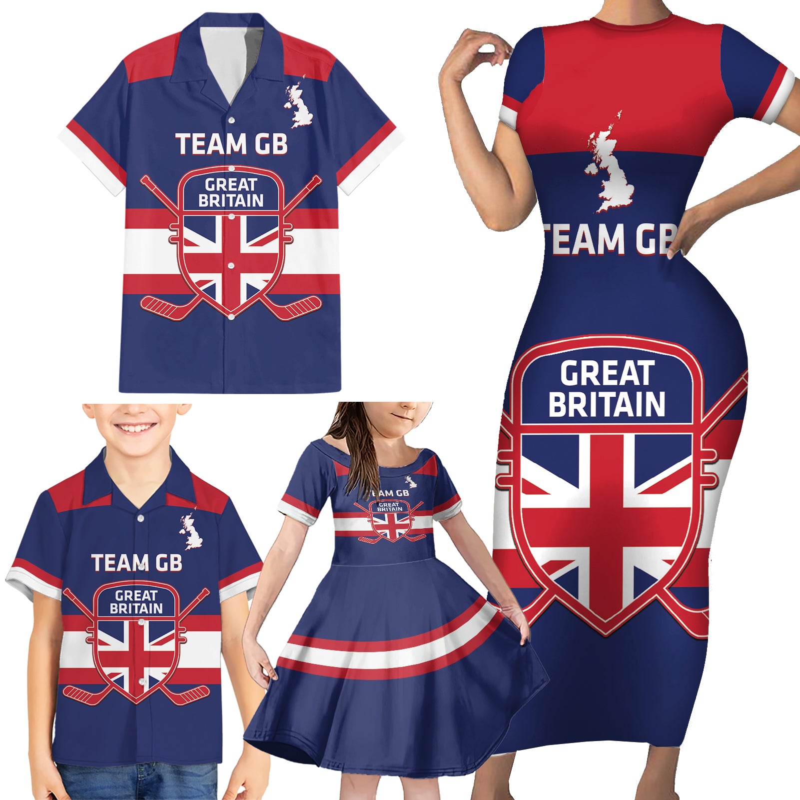 Custom Great Britain Hockey Family Matching Short Sleeve Bodycon Dress and Hawaiian Shirt Go GB Team - Wonder Print Shop