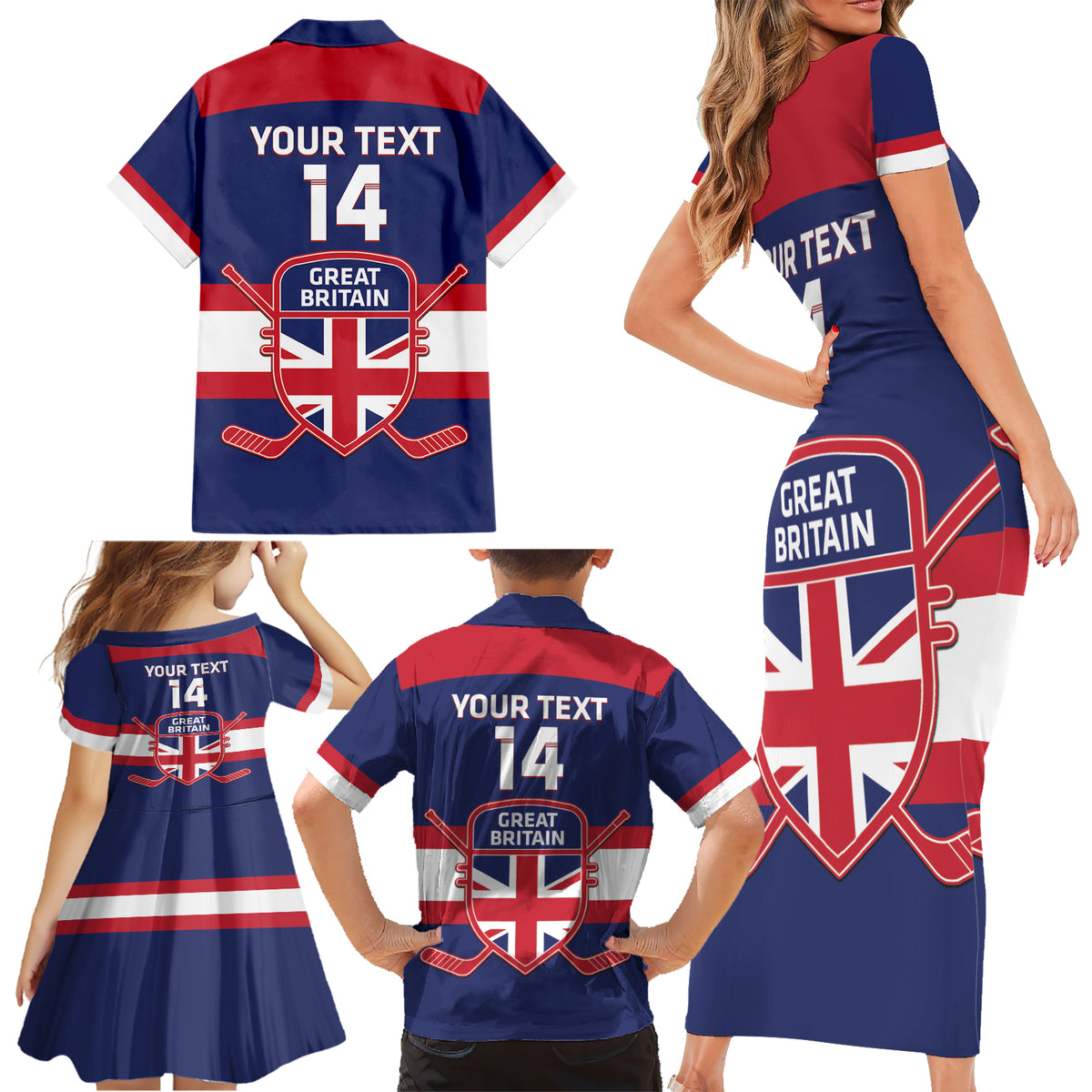 Custom Great Britain Hockey Family Matching Short Sleeve Bodycon Dress and Hawaiian Shirt Go GB Team - Wonder Print Shop