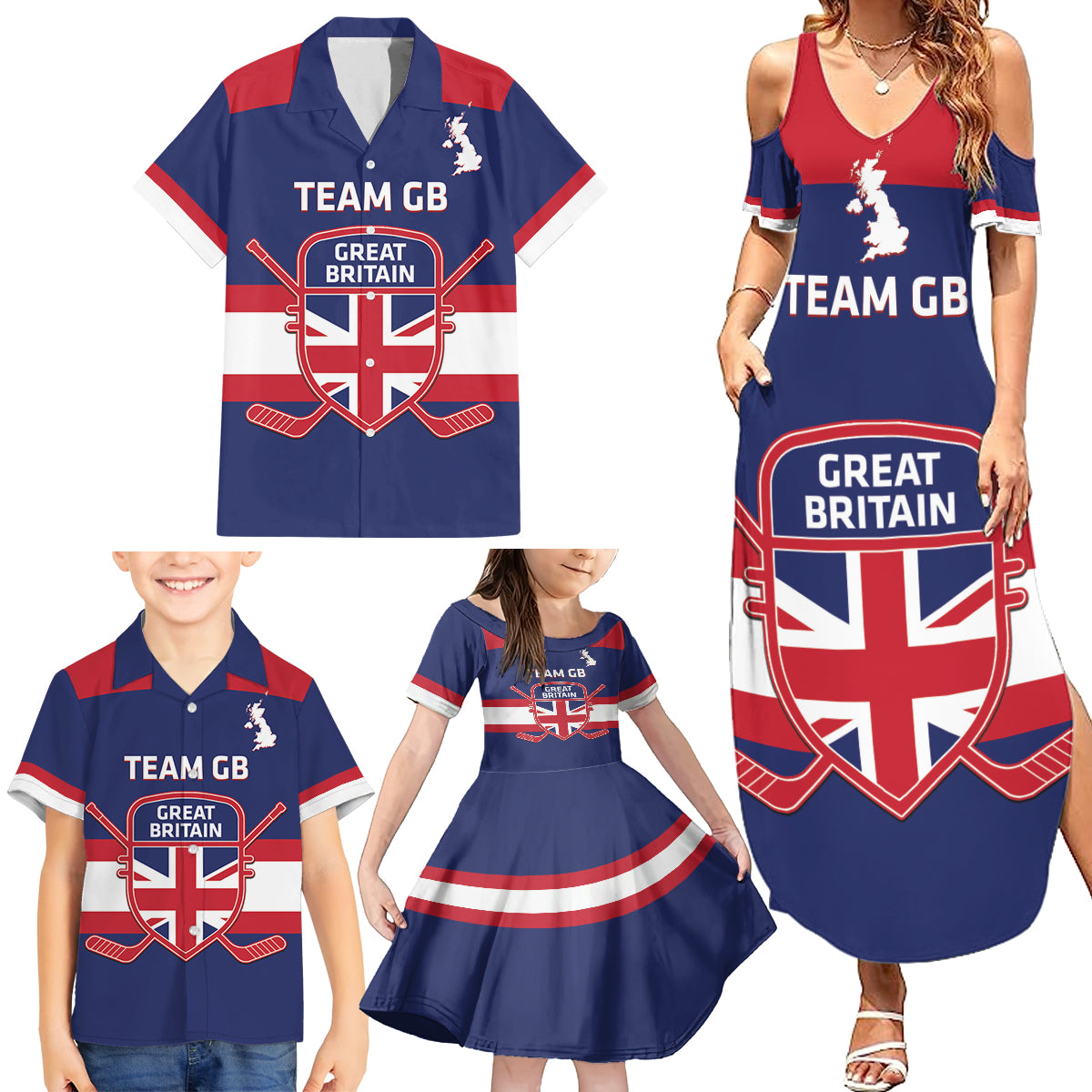 Custom Great Britain Hockey Family Matching Summer Maxi Dress and Hawaiian Shirt Go GB Team - Wonder Print Shop