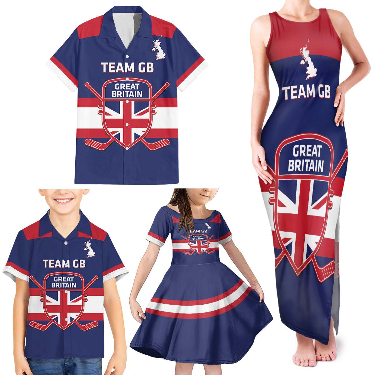 Custom Great Britain Hockey Family Matching Tank Maxi Dress and Hawaiian Shirt Go GB Team - Wonder Print Shop