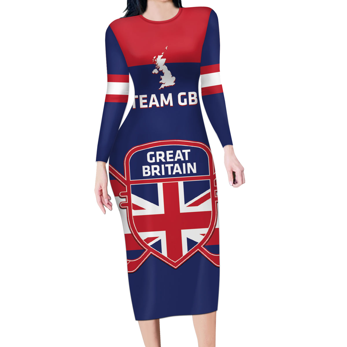 Custom Great Britain Hockey Long Sleeve Bodycon Dress Go GB Team - Wonder Print Shop