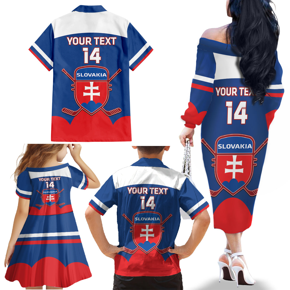 Custom Slovakia Hockey Family Matching Off The Shoulder Long Sleeve Dress and Hawaiian Shirt Go Slovak Our Boys - Wonder Print Shop