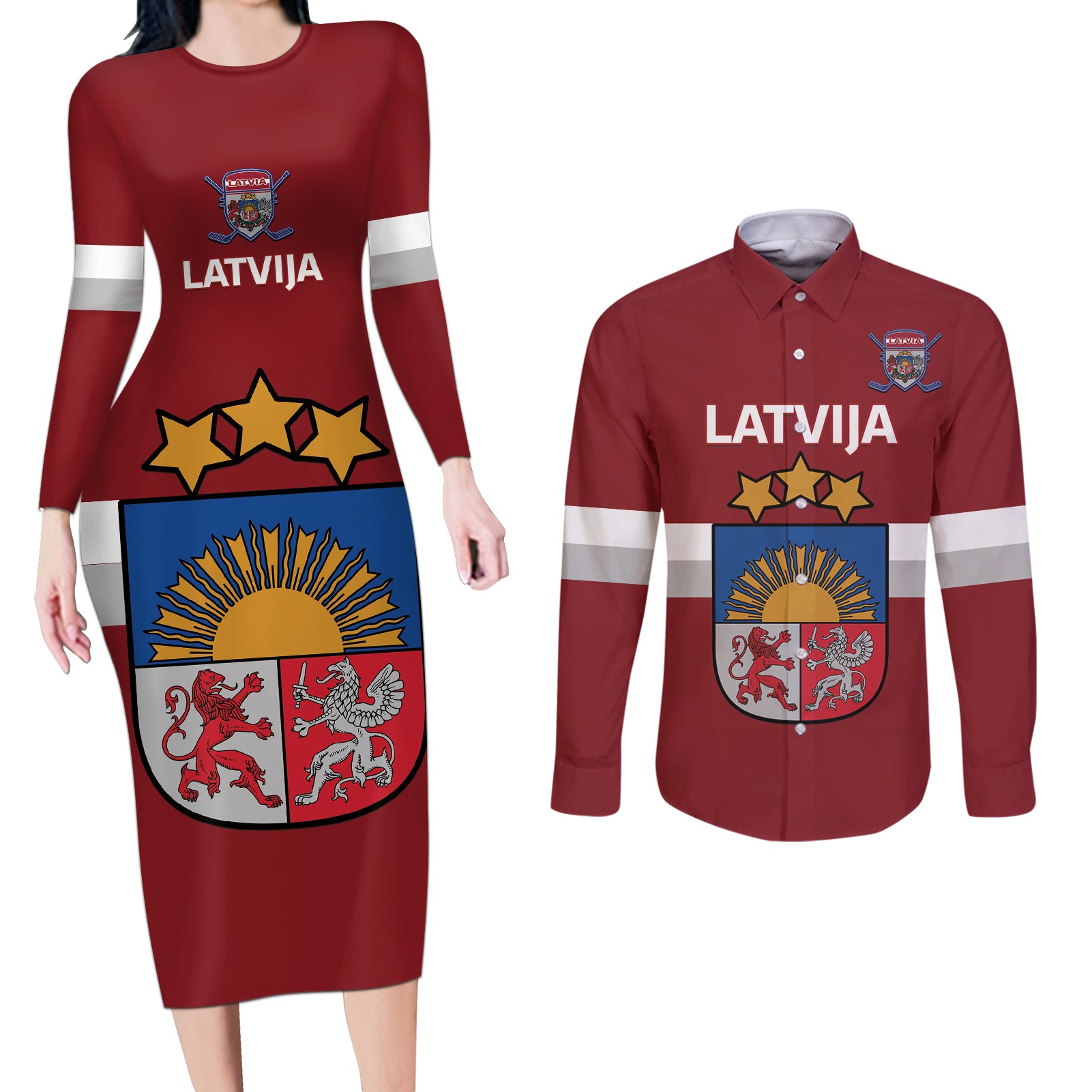 Custom Latvia Hockey Couples Matching Long Sleeve Bodycon Dress and Long Sleeve Button Shirt 2024 Go Latvija
