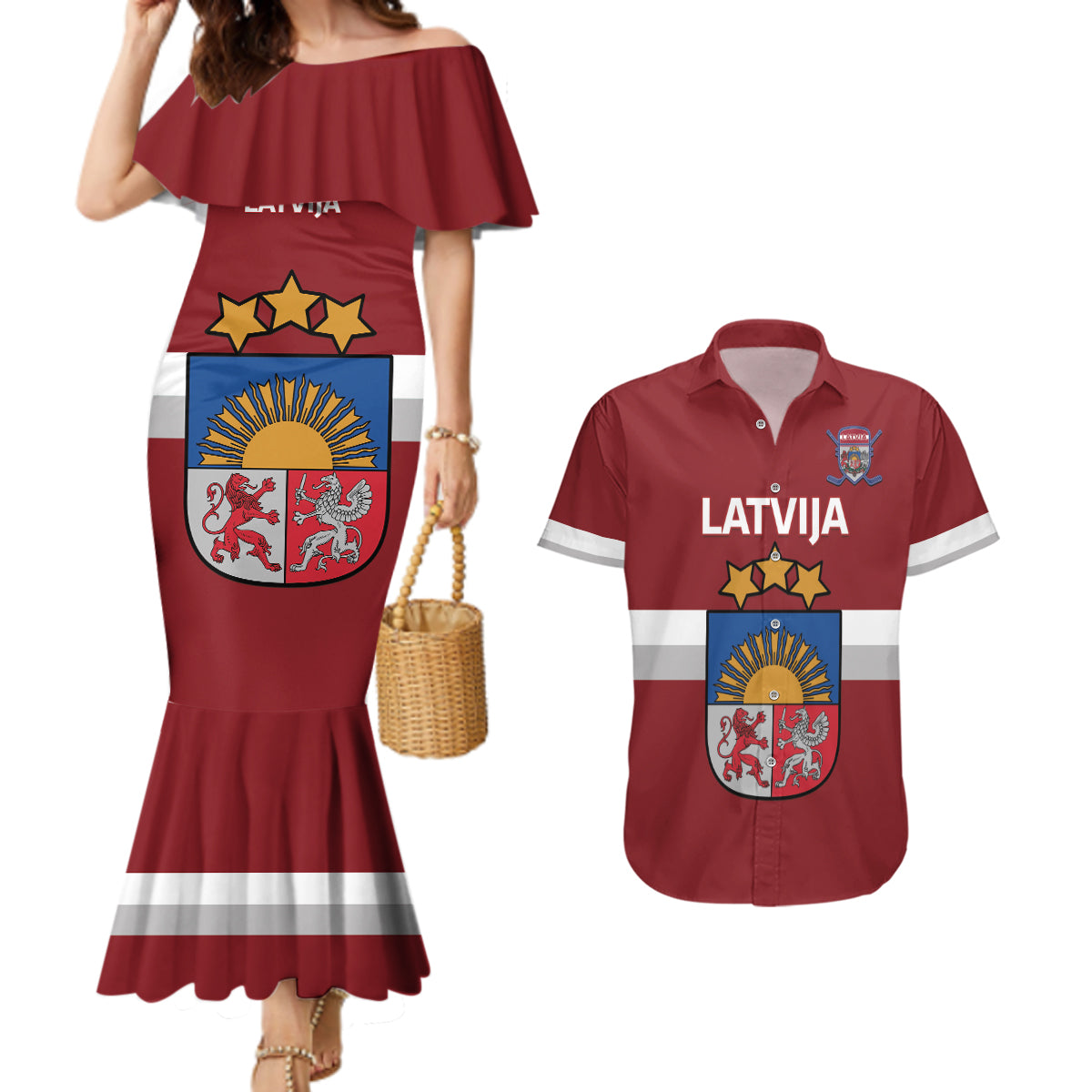 Custom Latvia Hockey Couples Matching Mermaid Dress and Hawaiian Shirt 2024 Go Latvija