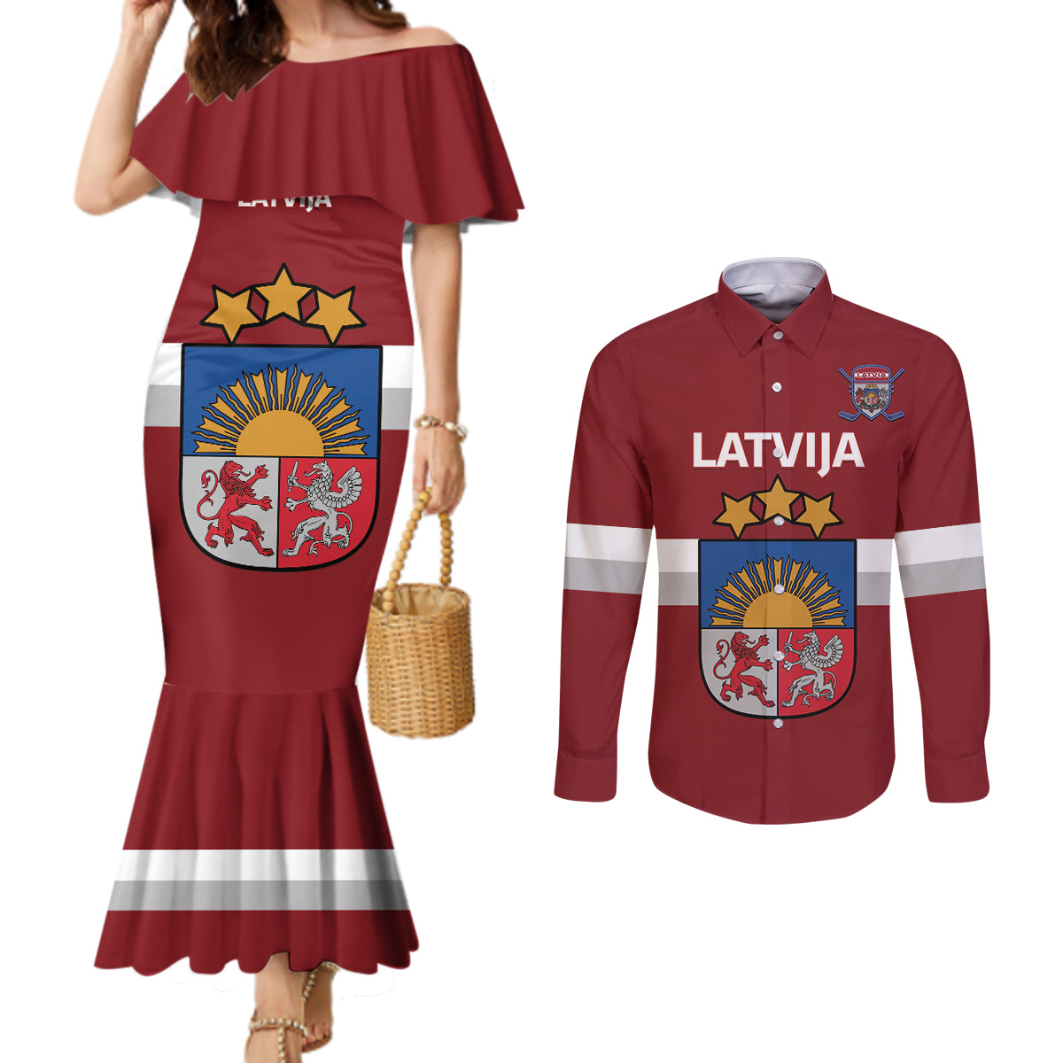 Custom Latvia Hockey Couples Matching Mermaid Dress and Long Sleeve Button Shirt 2024 Go Latvija