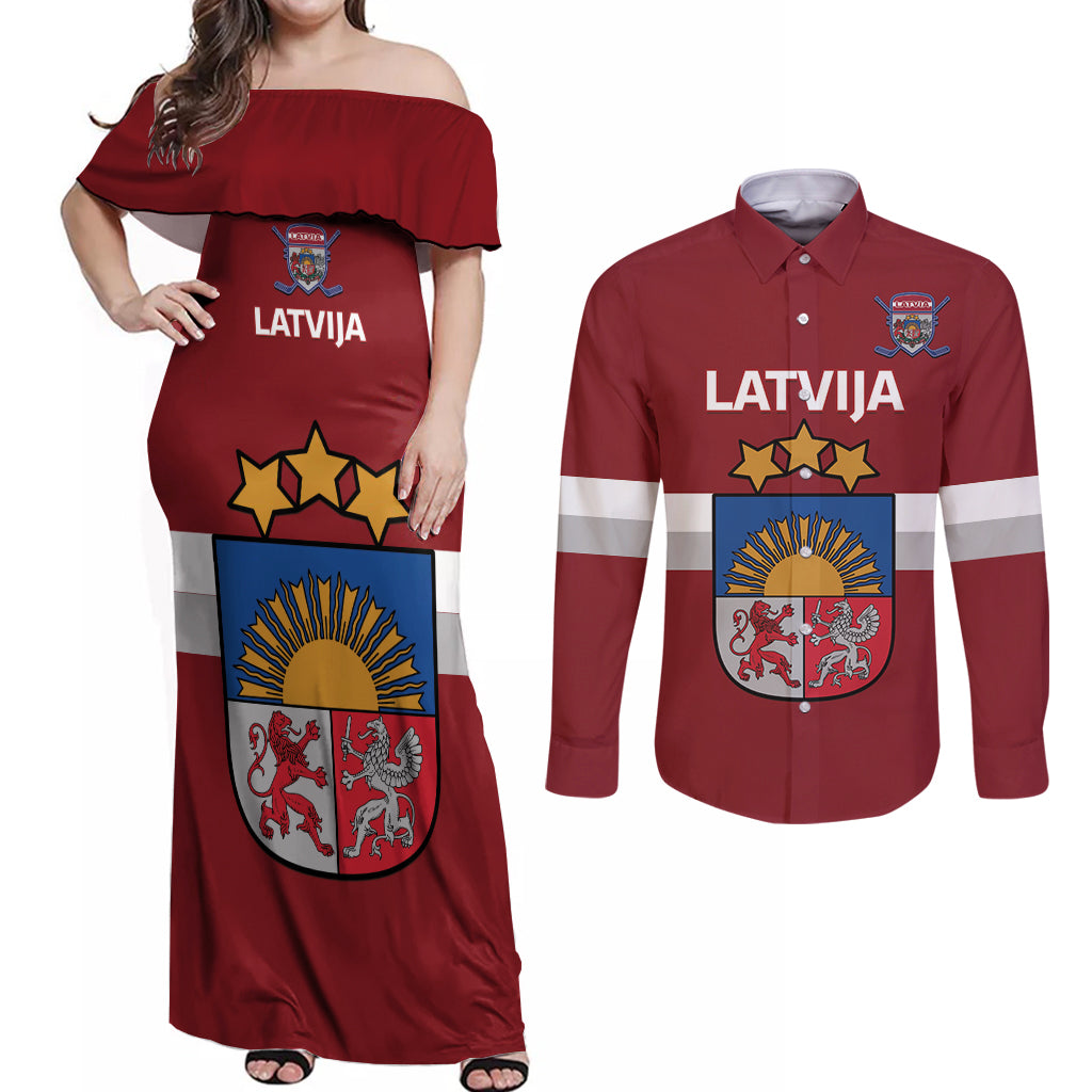 Custom Latvia Hockey Couples Matching Off Shoulder Maxi Dress and Long Sleeve Button Shirt 2024 Go Latvija