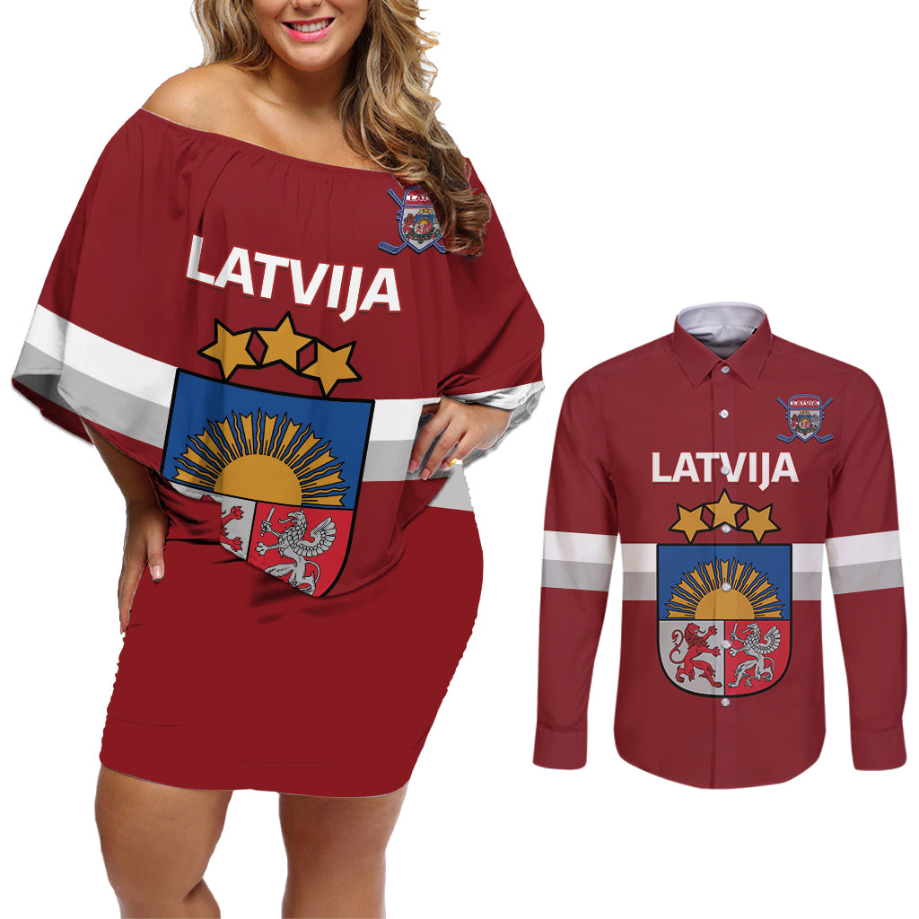 Custom Latvia Hockey Couples Matching Off Shoulder Short Dress and Long Sleeve Button Shirt 2024 Go Latvija