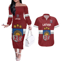 Custom Latvia Hockey Couples Matching Off The Shoulder Long Sleeve Dress and Hawaiian Shirt 2024 Go Latvija - Wonder Print Shop