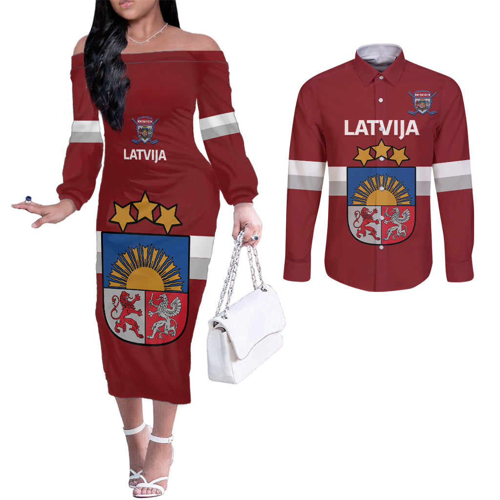 Custom Latvia Hockey Couples Matching Off The Shoulder Long Sleeve Dress and Long Sleeve Button Shirt 2024 Go Latvija