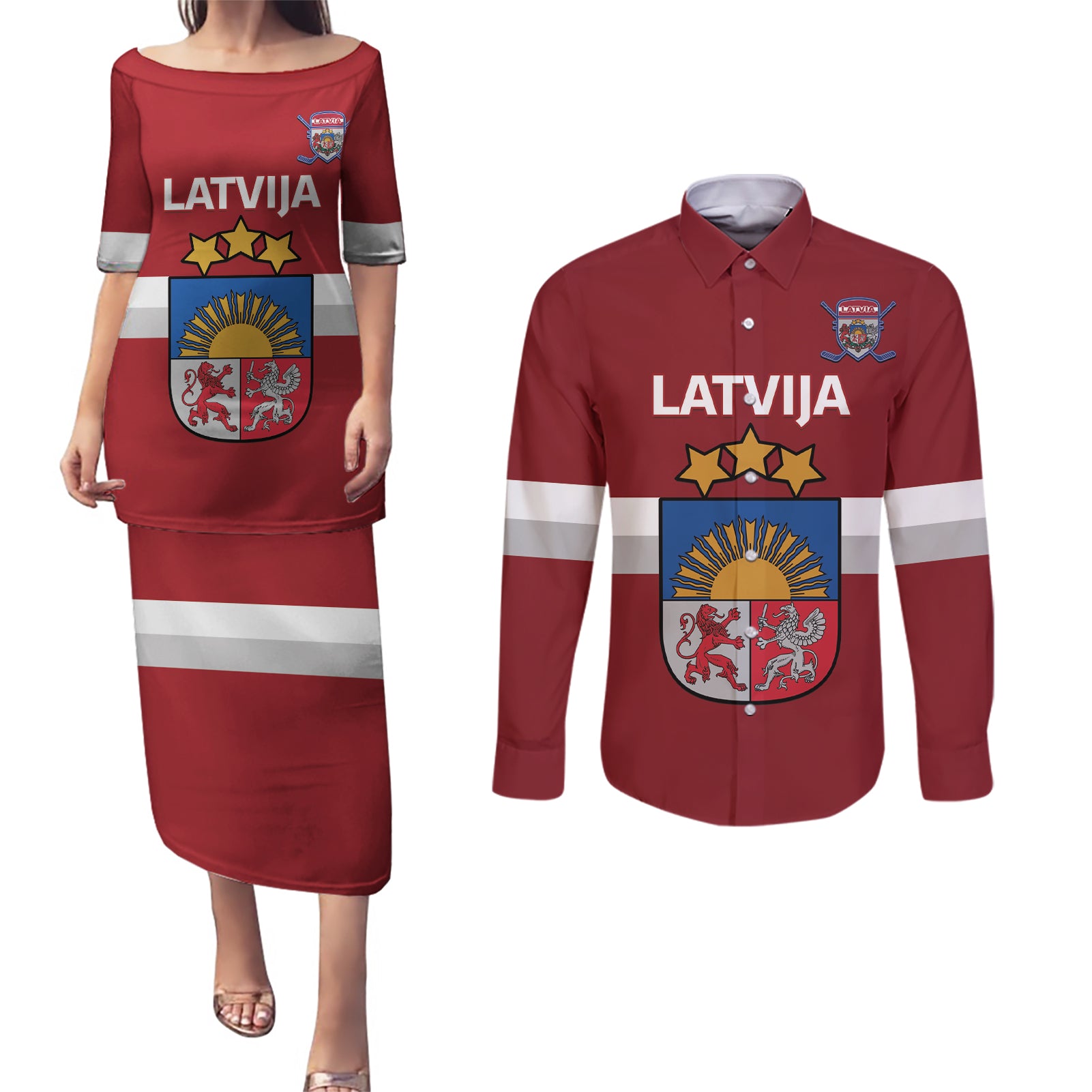 Custom Latvia Hockey Couples Matching Puletasi and Long Sleeve Button Shirt 2024 Go Latvija