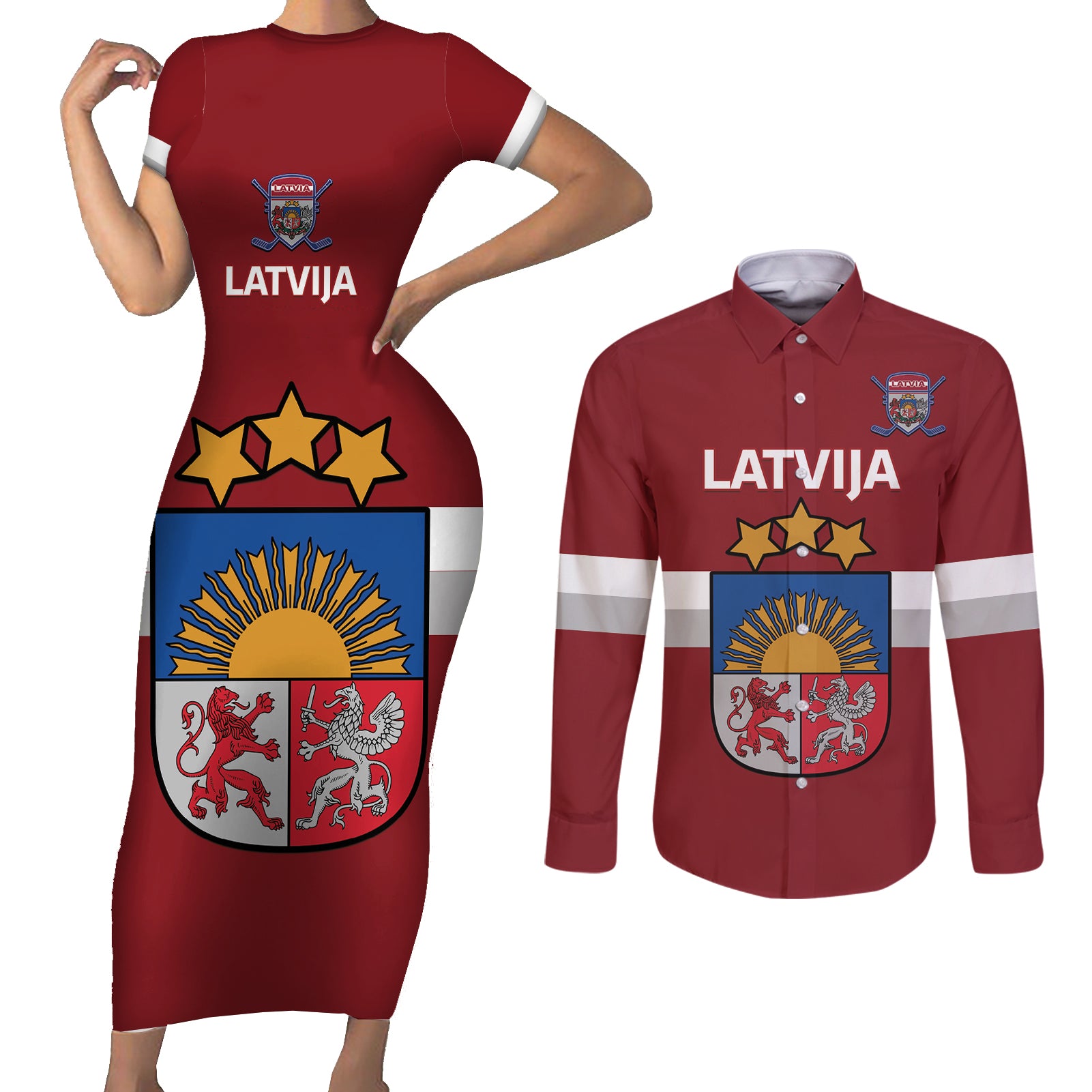Custom Latvia Hockey Couples Matching Short Sleeve Bodycon Dress and Long Sleeve Button Shirt 2024 Go Latvija
