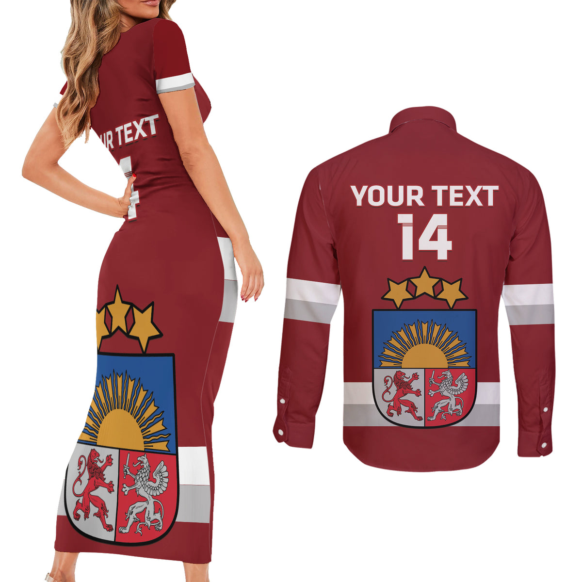 Custom Latvia Hockey Couples Matching Short Sleeve Bodycon Dress and Long Sleeve Button Shirt 2024 Go Latvija - Wonder Print Shop