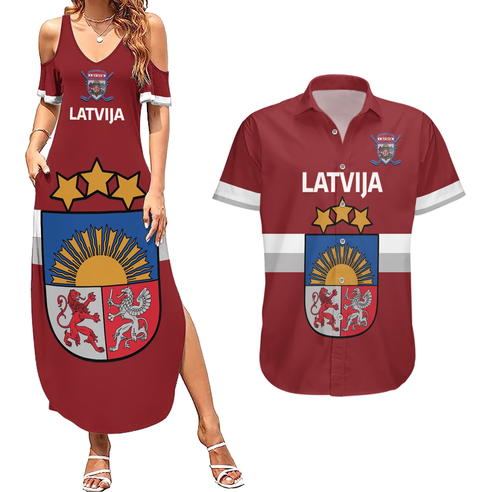 Custom Latvia Hockey Couples Matching Summer Maxi Dress and Hawaiian Shirt 2024 Go Latvija