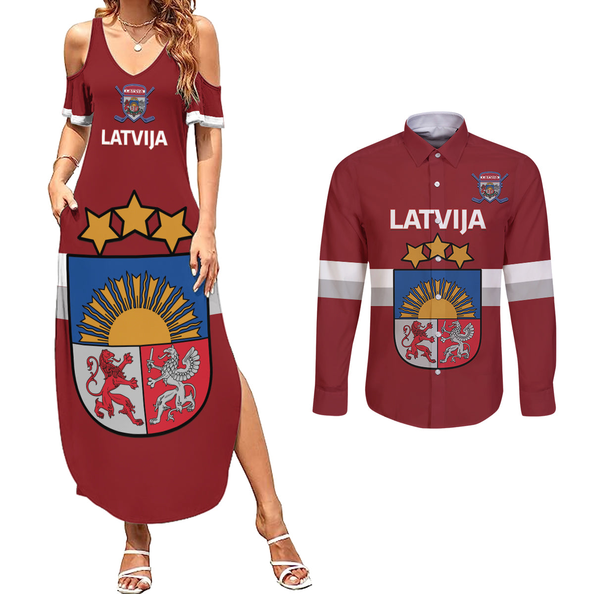 Custom Latvia Hockey Couples Matching Summer Maxi Dress and Long Sleeve Button Shirt 2024 Go Latvija