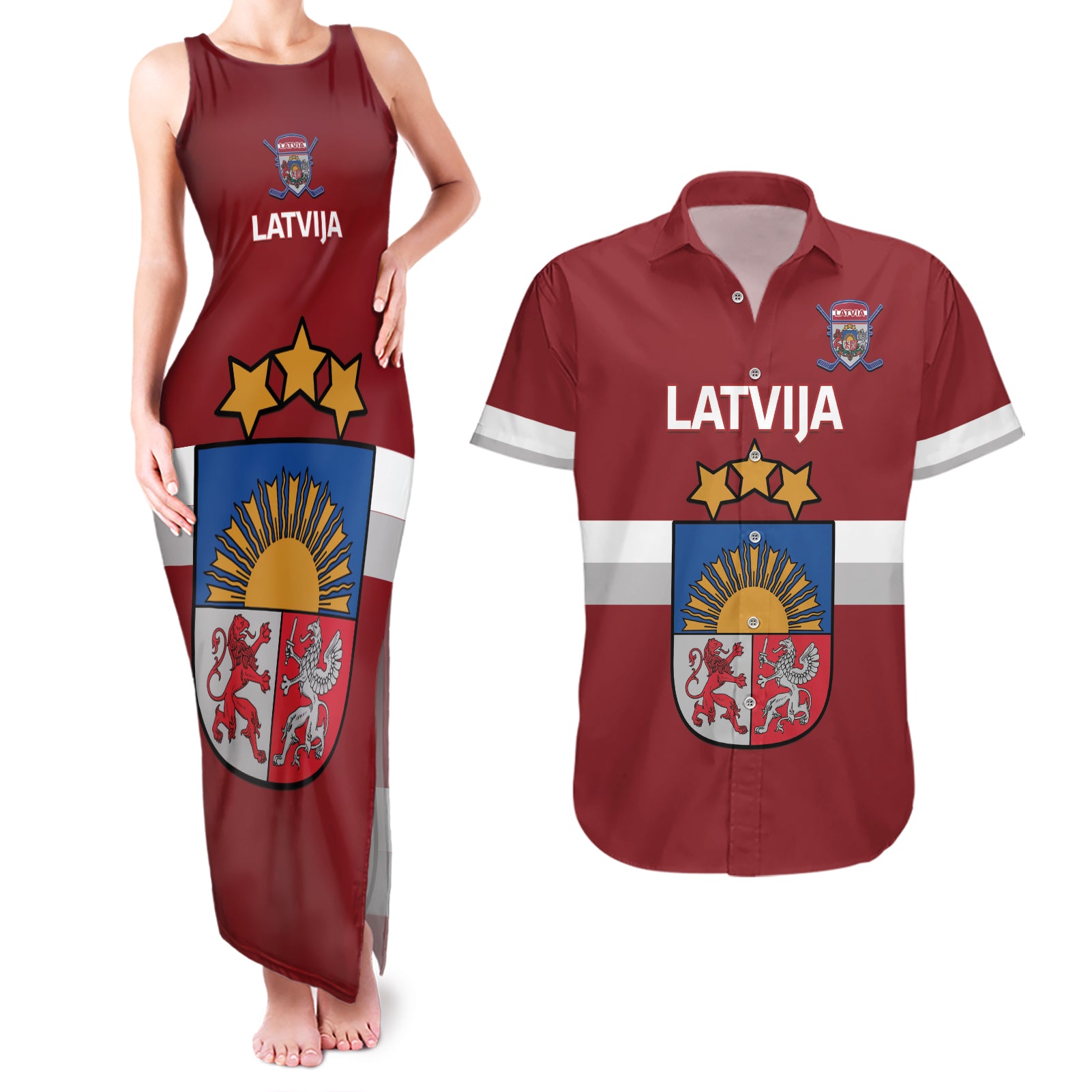 Custom Latvia Hockey Couples Matching Tank Maxi Dress and Hawaiian Shirt 2024 Go Latvija