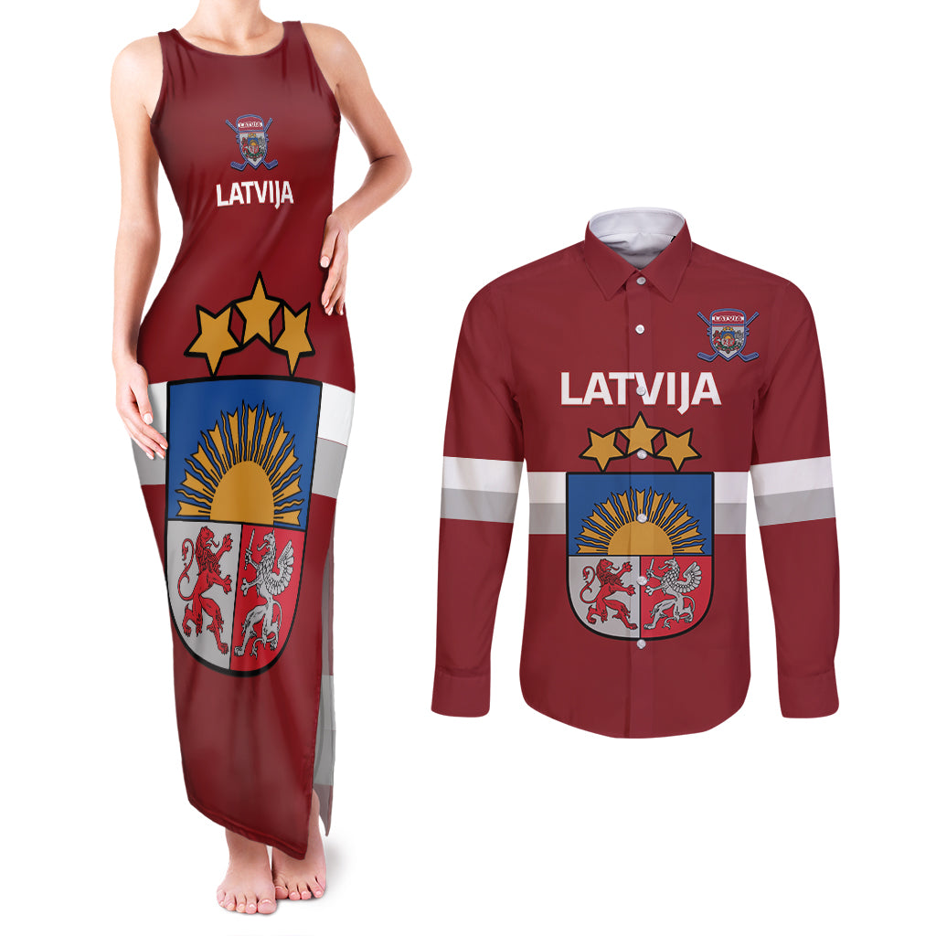 Custom Latvia Hockey Couples Matching Tank Maxi Dress and Long Sleeve Button Shirt 2024 Go Latvija