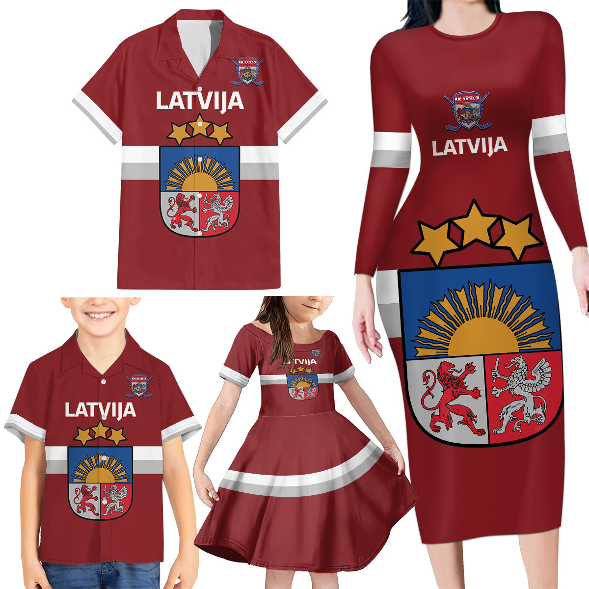 Custom Latvia Hockey Family Matching Long Sleeve Bodycon Dress and Hawaiian Shirt 2024 Go Latvija
