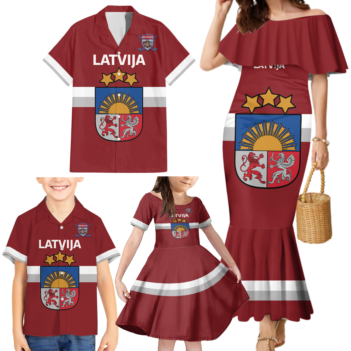 Custom Latvia Hockey Family Matching Mermaid Dress and Hawaiian Shirt 2024 Go Latvija