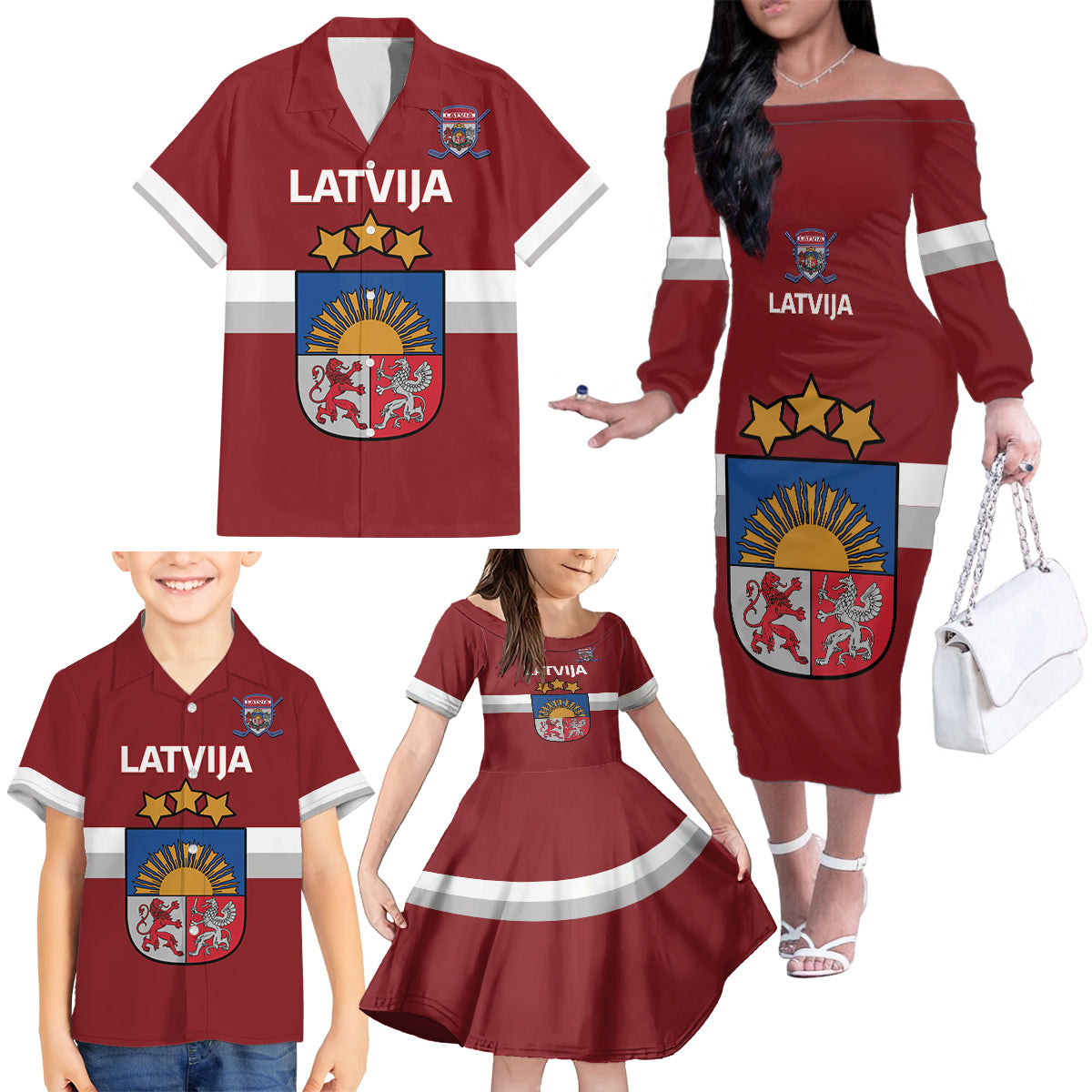Custom Latvia Hockey Family Matching Off The Shoulder Long Sleeve Dress and Hawaiian Shirt 2024 Go Latvija