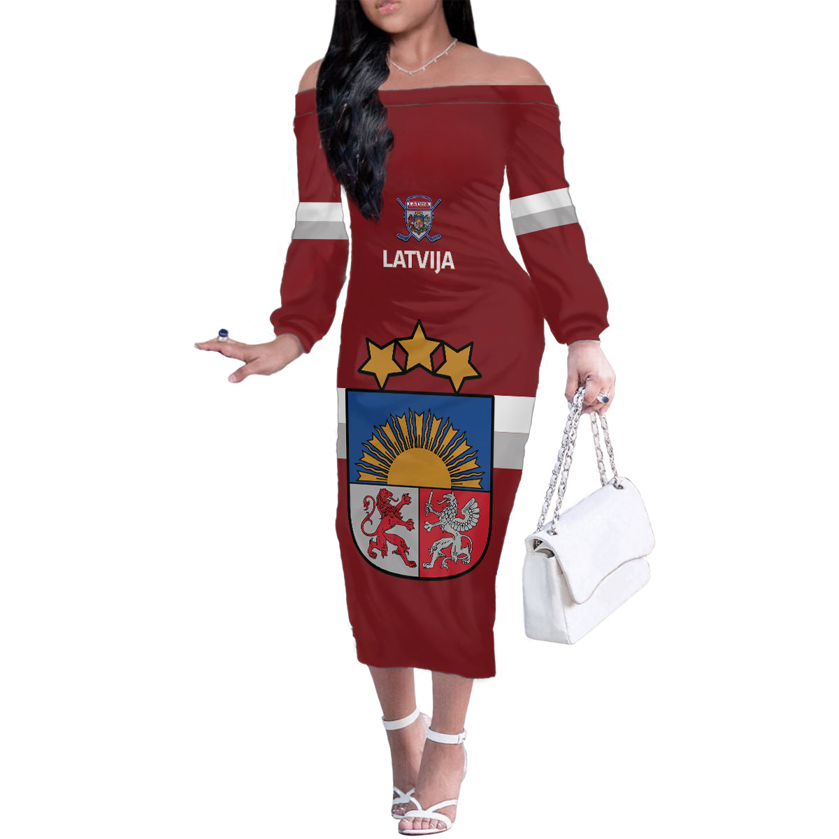 Custom Latvia Hockey Family Matching Off The Shoulder Long Sleeve Dress and Hawaiian Shirt 2024 Go Latvija - Wonder Print Shop