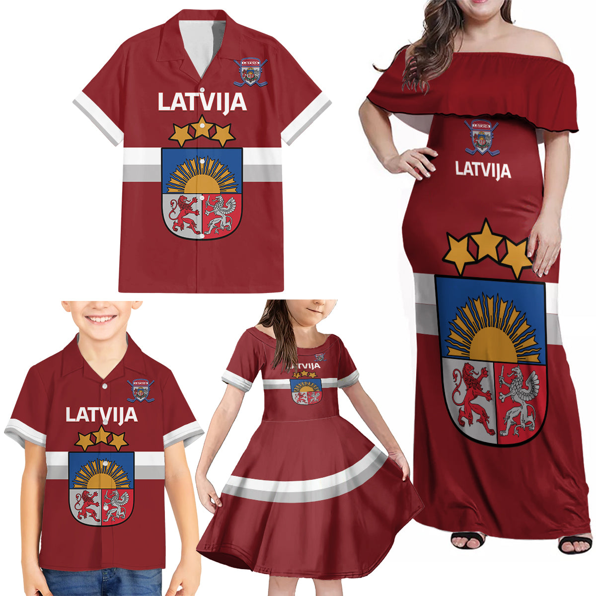 Custom Latvia Hockey Family Matching Off Shoulder Maxi Dress and Hawaiian Shirt 2024 Go Latvija