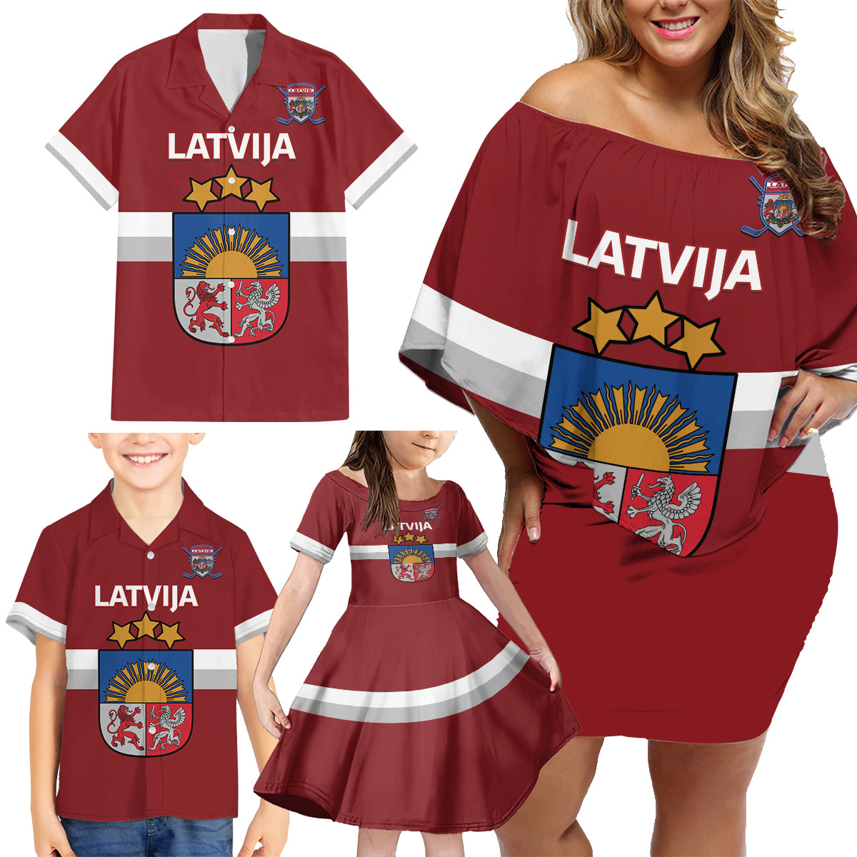 Custom Latvia Hockey Family Matching Off Shoulder Short Dress and Hawaiian Shirt 2024 Go Latvija