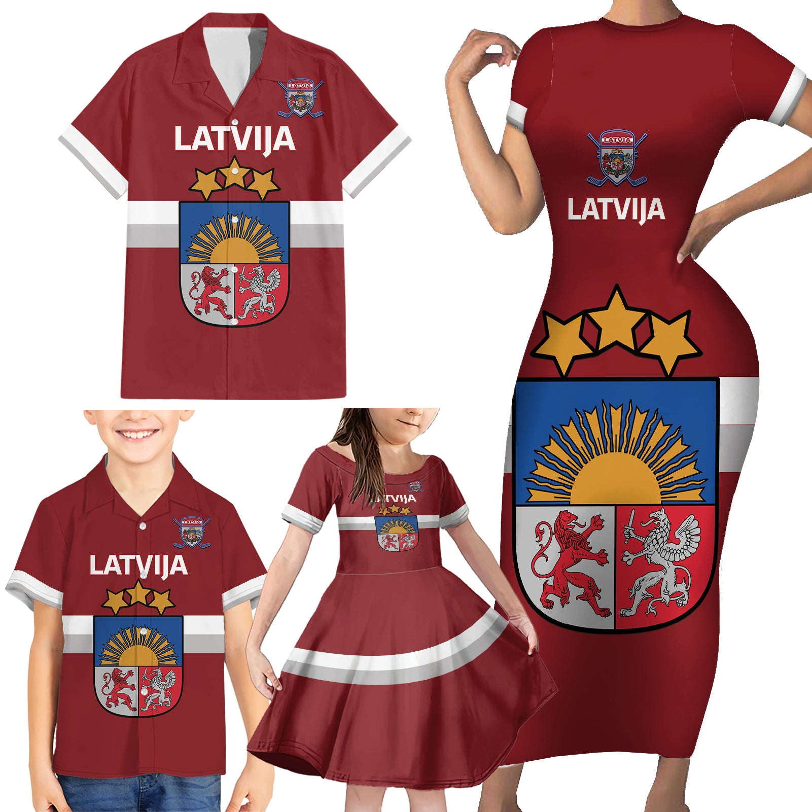 Custom Latvia Hockey Family Matching Short Sleeve Bodycon Dress and Hawaiian Shirt 2024 Go Latvija
