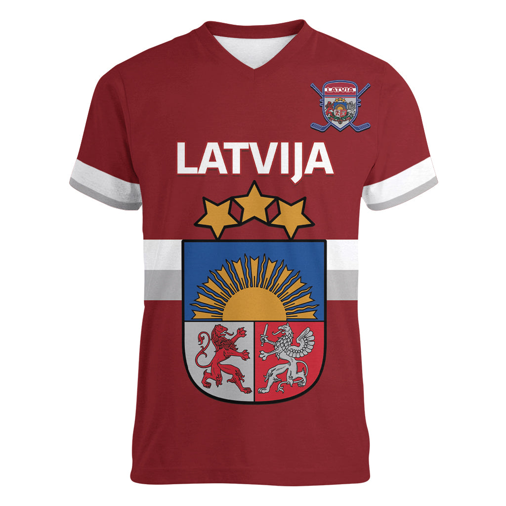Custom Latvia Hockey Women V-Neck T-Shirt 2024 Go Latvija - Wonder Print Shop