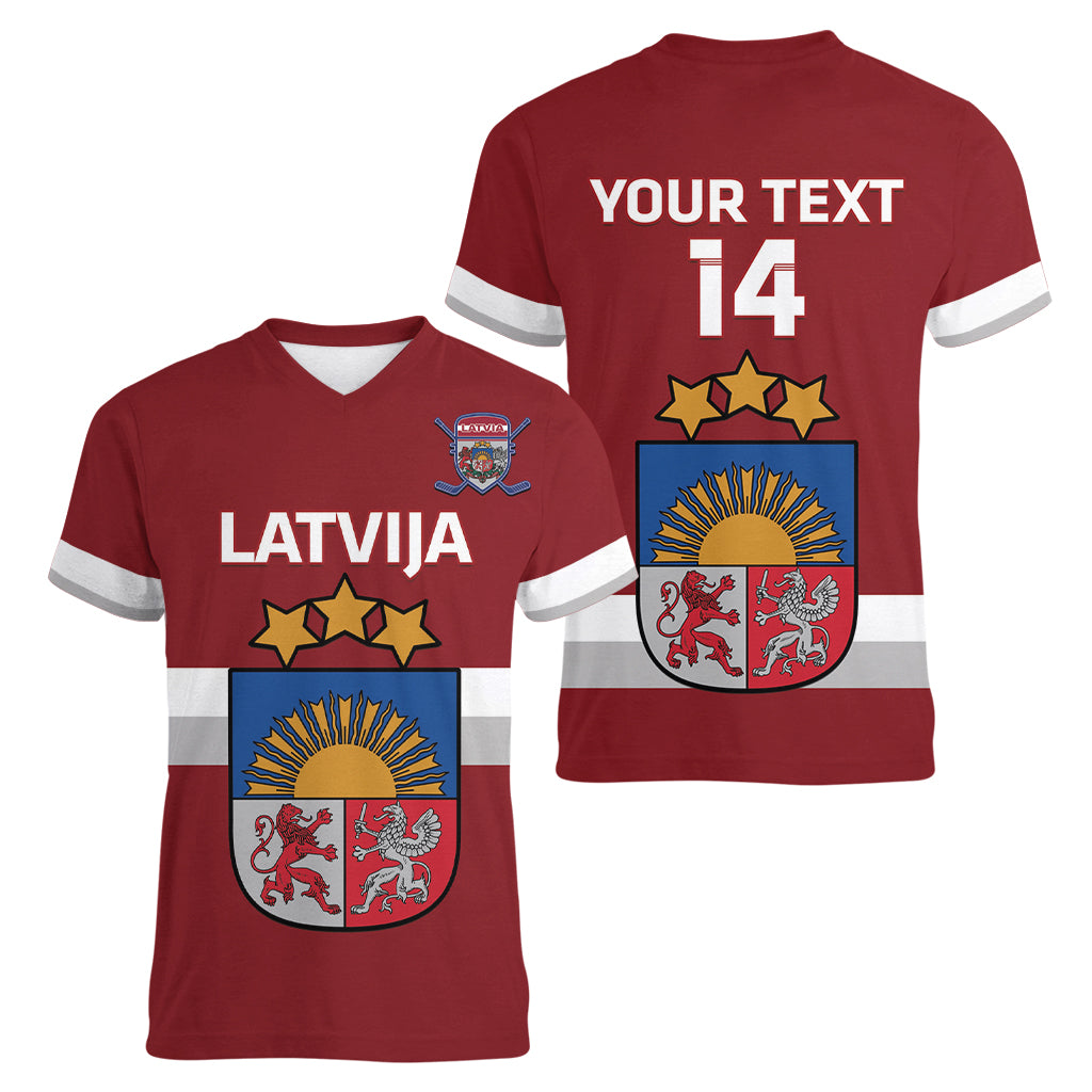 Custom Latvia Hockey Women V-Neck T-Shirt 2024 Go Latvija - Wonder Print Shop