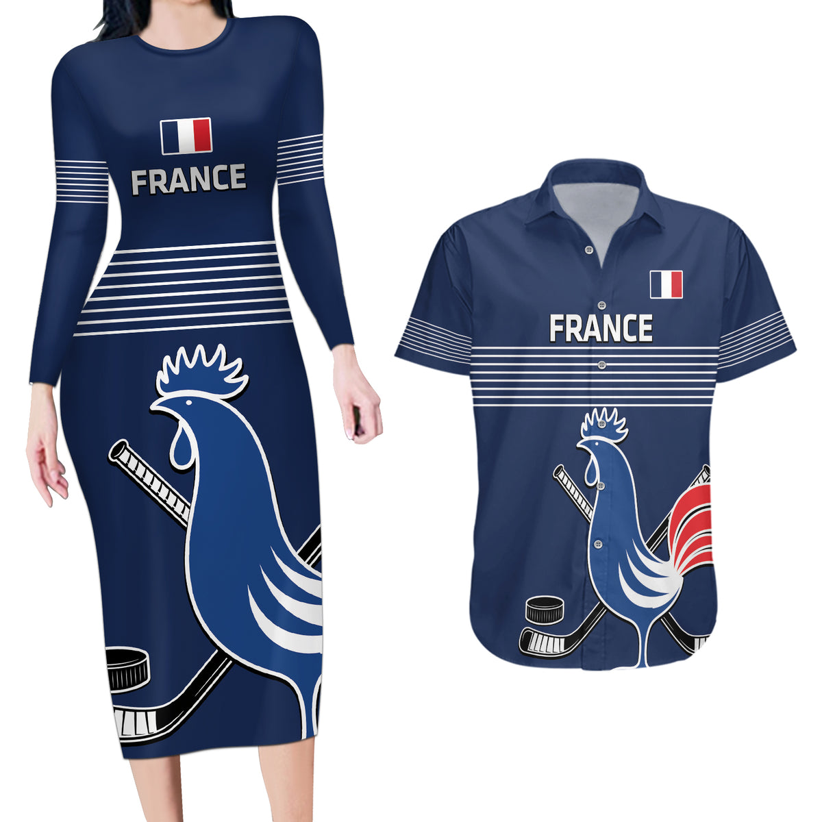 Custom France Hockey Couples Matching Long Sleeve Bodycon Dress and Hawaiian Shirt Francaise Gallic Rooster - Wonder Print Shop